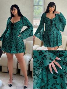 Flirla Plus Size Elegant Floral Flocked & Mesh Bell Sleeve Tie Waist Dress