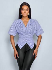 SOLERSUN Women's Stripe Print V-Neck Short Sleeve Crossed Design Blouse (Random Flower Print) - Blue - View 4