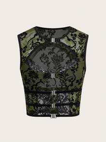 SHEIN ICON Fitted Floral Flocked Mesh Sheer Lace Patchwork Hollowed-Out Ladies Camisole Top - Olive Green - View 1