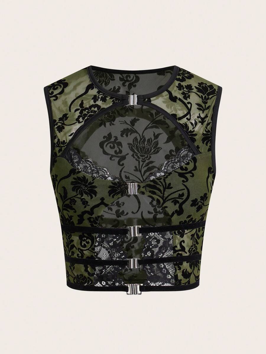 SHEIN ICON Fitted Floral Flocked Mesh Sheer Lace Patchwork Hollowed-Out Ladies Camisole Top - Olive Green - View 1
