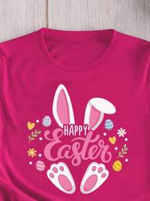 SHEIN EZwear Plus Size Women Slogan Cartoon Rabbit Print Round Neck Short Sleeve Casual T-Shirt - Hot Pink - View 3