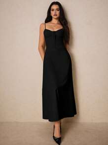 Poéselle 女士优雅纯色细肩带交叉后背连衣裙 - 黑色 - 查看 6