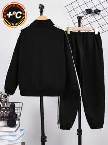 SHEIN 2pcs Set Tween Boys Casual Korean Style Ribbed Collar Zip-Up Hoodie & Relaxed Fit Jogger Pants, Suitable For Commute, School, Daily, Holiday, Sports, Spring Summer Autumn Winter