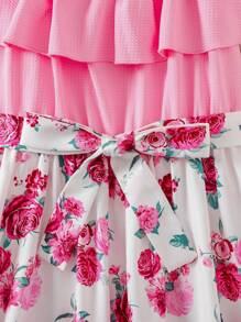 SHEIN Teen Girls Elegant Casual Holiday Pink Textured Knit Floral Rose Off Shoulder A-Line Dress, Suitable For Vacation, Easter, Country Music Festival, Wedding Season, Spring/Summer