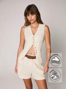 Flirla 2pcs/Set Women Apricot Linen V-Neck Sleeveless Vest & Loose Casual Vacation Shorts Suit