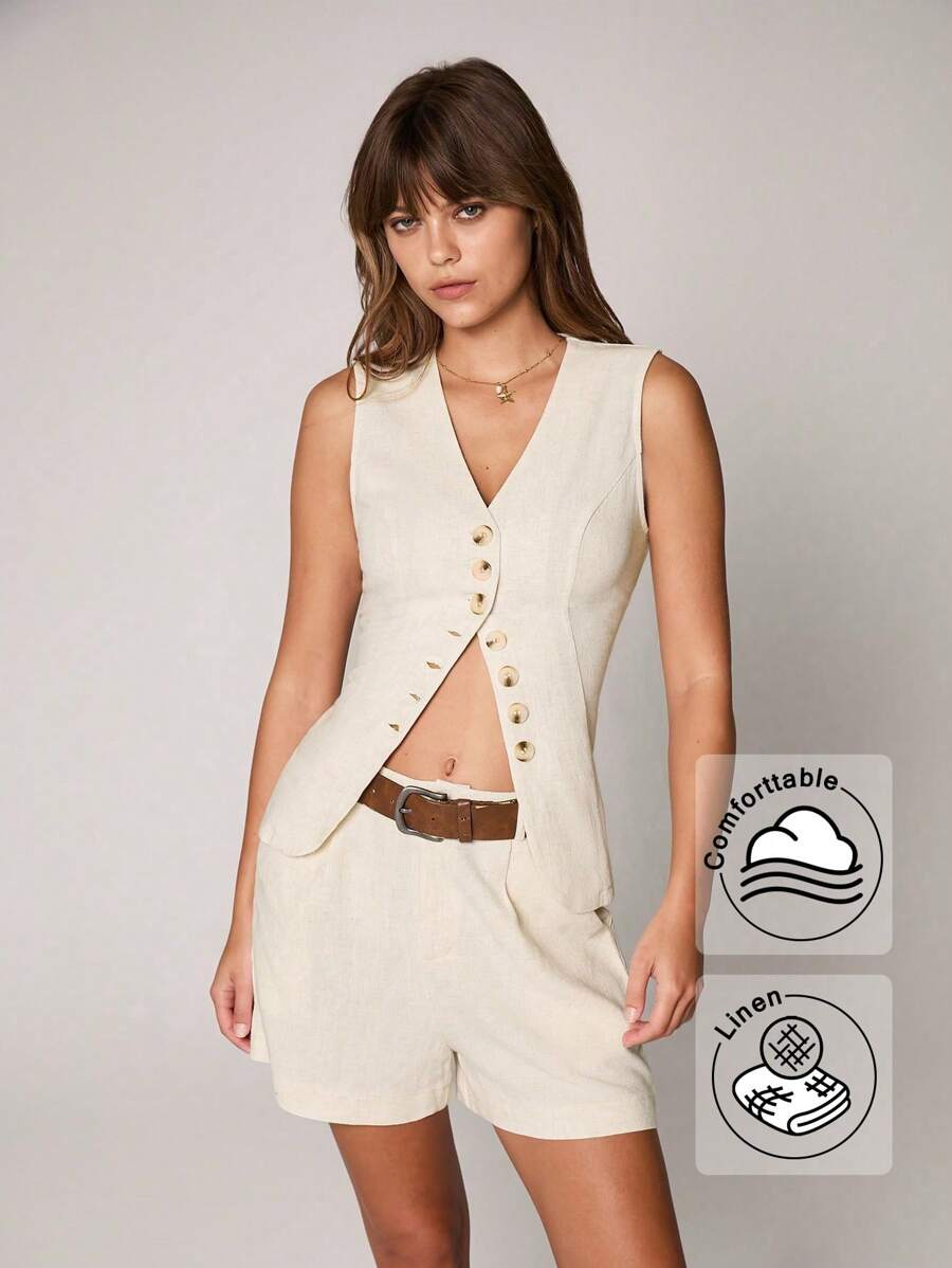 Flirla 2pcs/Set Women Apricot Linen V-Neck Sleeveless Vest & Loose Casual Vacation Shorts Suit