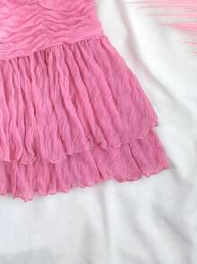 SHEIN Teen Girl White Knitted Slim Fit Stretchy V-Neck Spaghetti Strap Top With Open Back And Pleated Double Layer Hem Skirt Casual Vacation 2 Pieces Set, Backless, Ruched, Tiered Layer Sleeveless Slim Fit White Skirt Two Pieces Outfits, Spring/Summer, Casual Daily Wear - Pink - View 4