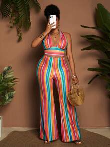 Maweii Plus Size Colorful Striped Print Knit 2 Pieces Set, Halter Neck Tie Top, Long Pants - Multicolor - View 3