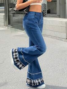 SHEIN EZwear 女式口袋格子拼布喇叭休闲百搭牛仔裤