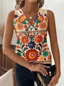 SHEIN Clasi Countryside Print V-Neck Sleeveless Shirt, Suitable For Spring And Summer Everyday Wear Summer Outfits For Women Vacation Shirt Summer Outfits For Women  Summer Tops Women