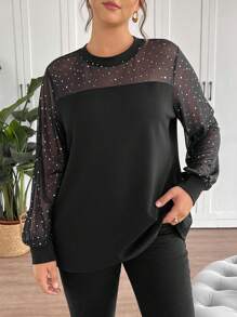 SHEIN Tall CURVE 大码女式圆领长袖网眼拼布休闲宽松上衣