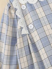 SHEIN Infant & Baby Girl Retro Olive Green Plaid Frill Trim Long Sleeve Sweet Fashion Elegant Dress, Spring/Autumn - Blue - View 4