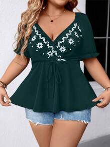 SHEIN LUNE Camicia con bottoni, colletto, vita elastica e stampa floreale, elegante e versatile, adatta per andare al lavoro e in vacanza, per taglie comode, per primavera/estate/autunno, colore nero e bianco