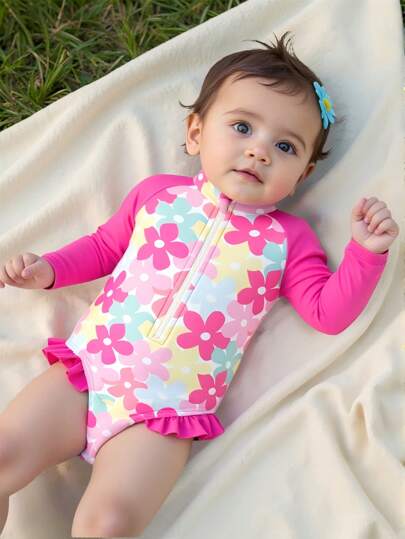 SHEIN Baby Girl Island & Palm Tree Print Long Sleeve Zipper Front One-Piece Swimsuit With Cute Ruffle Raglan Sleeves, Sun-Protective