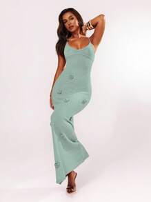 SHEIN BAE Women's 3D Floral Decor Open Back Halter Maxi Knit Dress - Mint Green - View 4