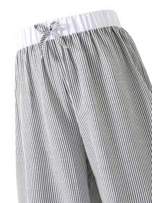 SHEIN Explorewe Teen Girl Striped Tie Waist Wide Leg Loose Casual Pants - Black and White - View 4