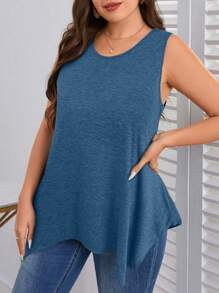 EMERY ROSE Plus Size Women Solid Color Sleeveless Camisole And Tank Top Sets, Simple & Fashionable For Summer - Teal Blue - View 5