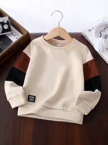 SHEIN Leap Crew Tween Boy Casual Versatile Color Block Sleeve Round Neck Loose Applique Knitted Hoodie Sweatshirt, Suitable For Commuting, School, Daily Casual, Travel, Sports, Spring, Summer, Autumn, Winter - Multicolor - View 3