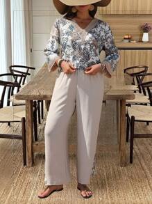 SHEIN LUNE Plus Size Paisley Print Shirt And Pants 2 Pieces Set, Casual Vacation Outfit - Multicolor - View 6