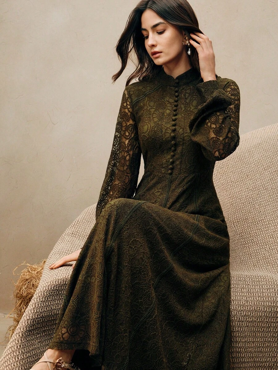 Anewsta 春季、节日、女士服装 女士长袖蕾丝酒红色连衣裙 长款女士服装 - 軍綠色 - 查看 1