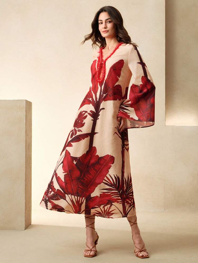 Vestido largo con escote en V, color vino tinto, con estampado de árbol de coco, nuevo para primavera/verano, para días festivos, casuales, de vacaciones y de playa, para damas