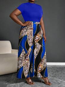 Maweii 2pcs Plus Size Solid Color Short Sleeve Top And Long Pants Set, Simple And Fashionable, Suitable For Summer