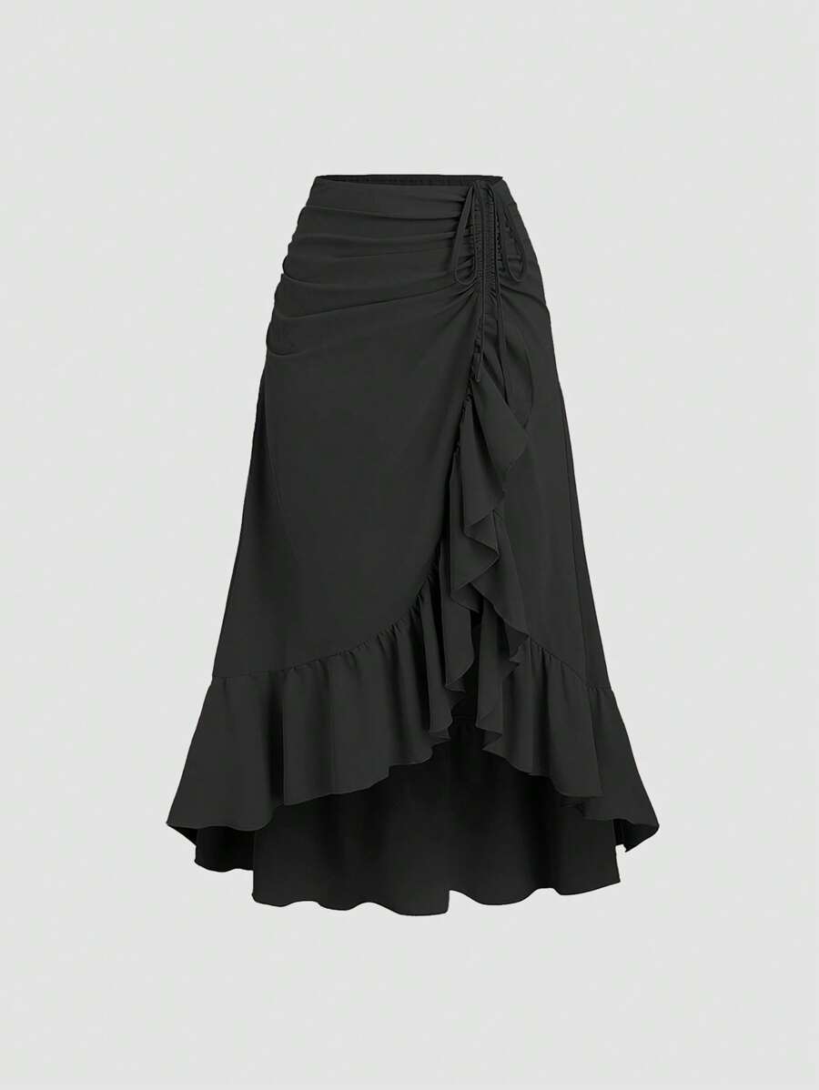 Sweetra 女式新款 V 形下摆荷叶边抽绳腰部分层半身裙，复古风格，酒红色，春夏，适合情人节、派对、波西米亚风 - 黑色 - 查看 1