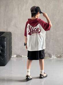 Camiseta de manga corta informal de manga raglán con estampado de letras para niños preadolescentes, de verano