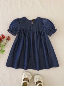 Souflis Souflis Baby Girl 3D Floral Decor Round Neck Puff Sleeve Casual Dress - Navy Blue - View 2