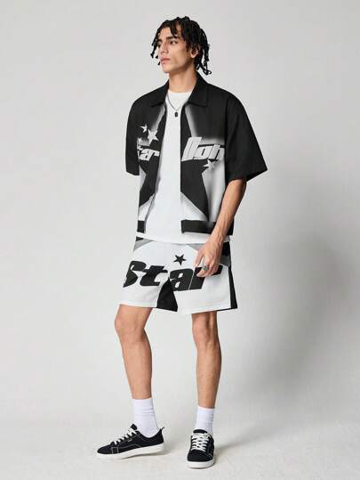 Prep Men's Racing Casual Simple Shirt And Shorts Set, Daily Wear