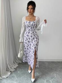 Elenzga Women's Long Dress, Square Neck, Net Mesh Fabric, Minimalist & Fashionable, Suitable For Summer