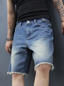 Manfinity EMRG Pantalones cortos vaqueros casuales para hombres con botones frontales, bolsillo y bordes deshilachados
