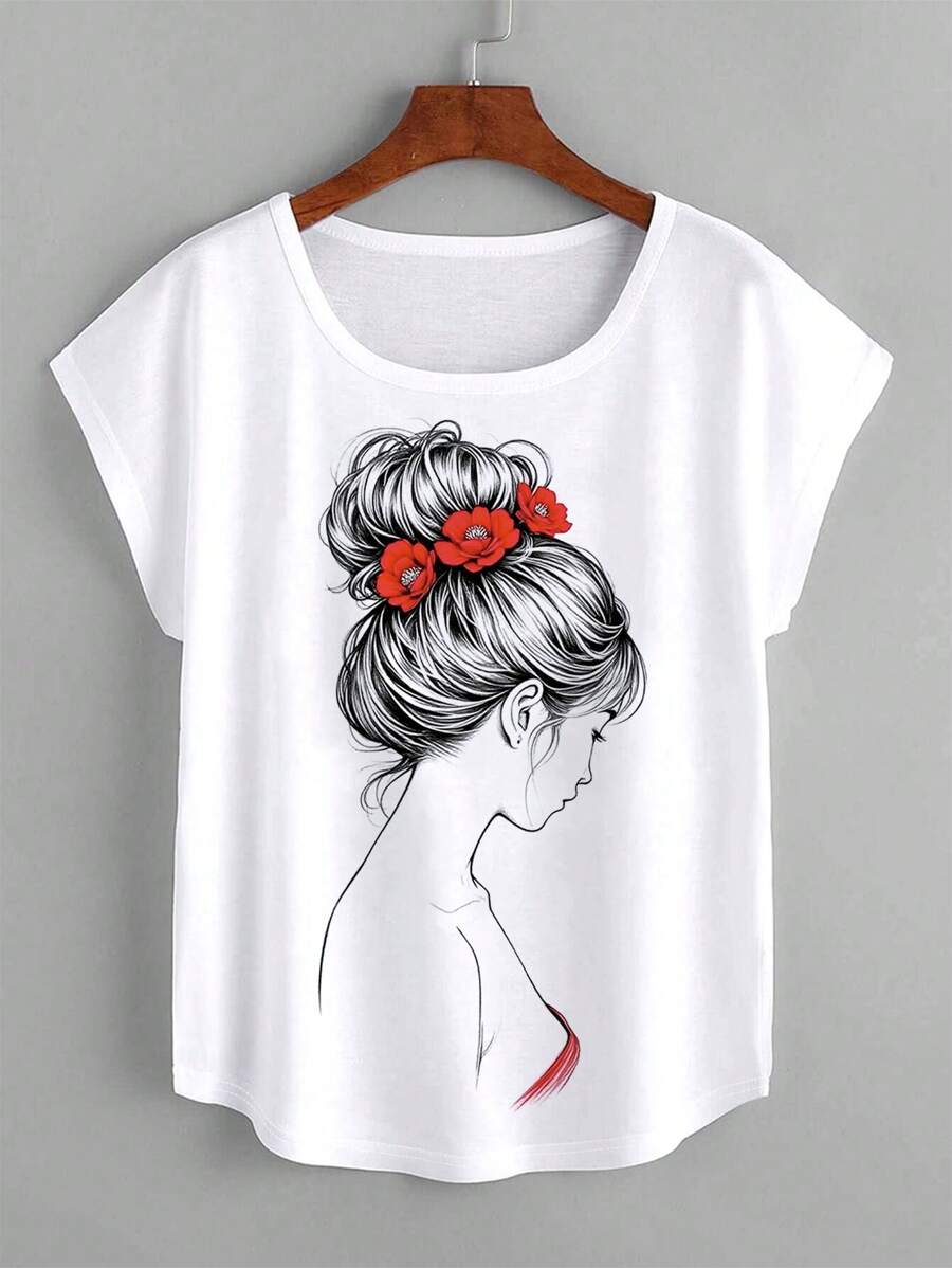 SHEIN LUNE 图案帽袖 T 恤 图案 T 恤 女式上衣