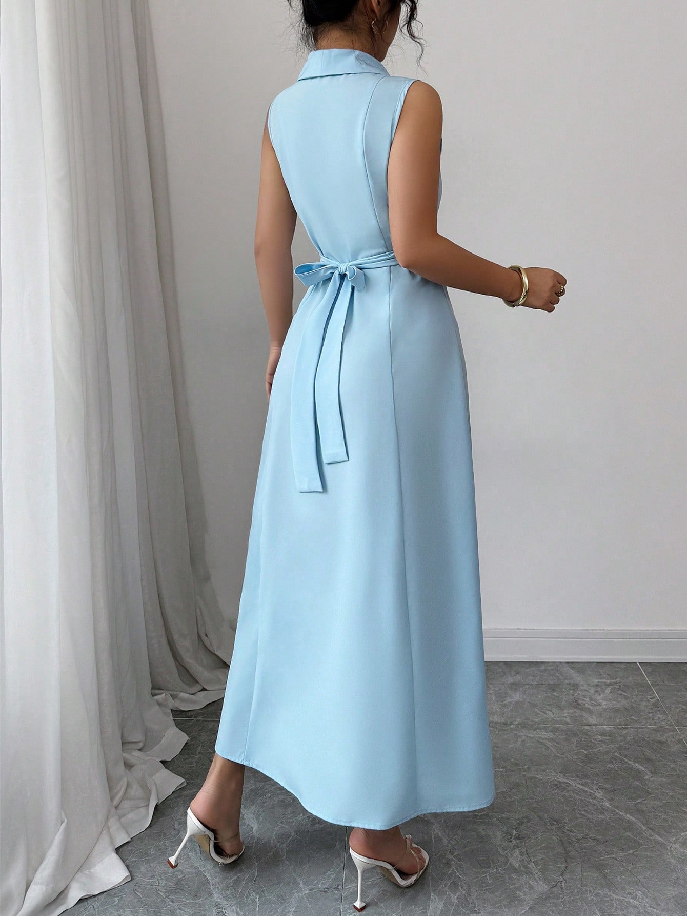 Elenzga فستان نسائي أنيق أحادي اللون بدون أكمام