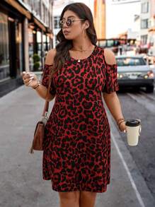 SHEIN LUNE Vestido de hombros descubiertos con estampado de leopardo y recortes para mujer de talla grande, vestidos de verano para mujer, estampado de guepardo, atuendos para rave y festivales, ropa occidental para mujer, estilo bohemio, hippie, vaquera, conjunto bohemio