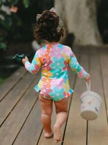 Baby Girl Printed Ruffled One-Piece Swimsuit With Hat (Random Print) - Multicolor - View 2