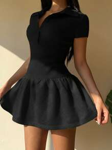 SHEIN EZwear Kleid mit gerüschtem Saum, Knopfverschluss, einfarbig, Kurzarm