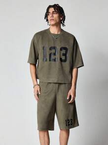 ROMWE MEN Prep Men's Jersey Suede Casual Numeric Print T-Shirt And Shorts Set - Green - View 4