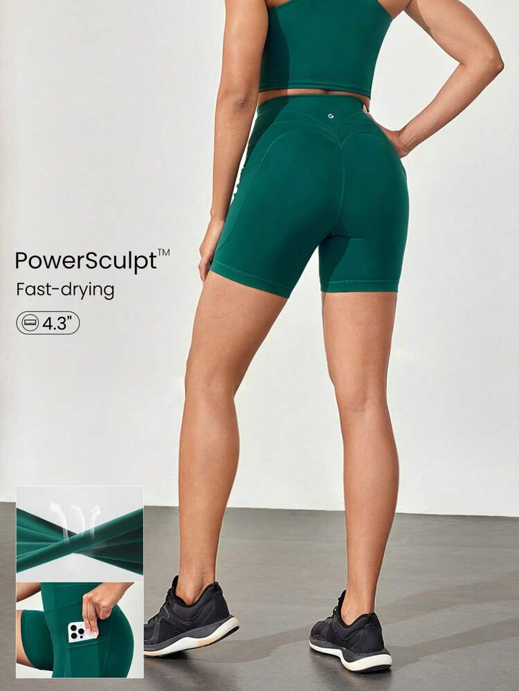 4.3インチ パワースカルプト フラッタリング ボトムシーム 調整可能な紐付き ウエスト ショーツ サイドポケット付き 滑り止めグリップ ハイインパクト ワークアウト ランニング トレーニングジム