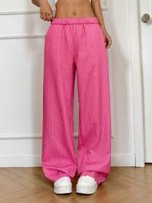 SHEIN EZwear Casual Pink Striped Wide Leg Low-Rise Pants - Hot Pink - View 2