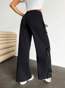 SHEIN PETITE Edgy Comfort: Black Joggers With Satin Side Ribbon Detailing - Black - View 2