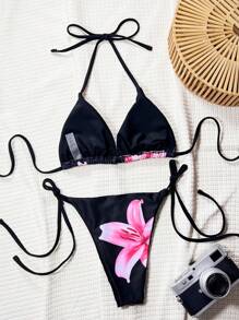 Swim SXY 2pcs/Set Printed Random Bikini Set, Beach Summer Outfits For Women - Black - View 2