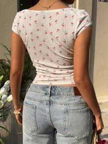 SHEIN EZwear Kvinnors sommar Casual Cherry Print Rosett Decor Cropped T-shirt - Vitt - Visa 4