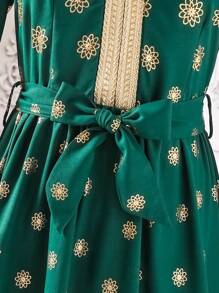 SHEIN Gaun Lengan Panjang Berpotongan V untuk Remaja Perempuan, Cocok untuk Liburan - Dark Green - View 3