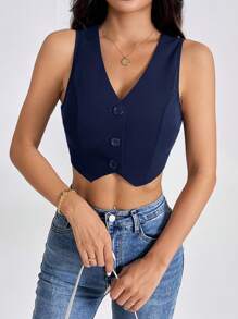 SHEIN PETITE Women's Navy Blue Sleeveless Knitted Blazer Vest: Casual, Cropped, And Chic With A V-Neck And Button-Front Closure For Effortless Style - Navy Blue - View 4