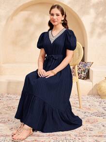 SHEIN Teen Girls' Navy Blue Ruched Textured Jacquard Puff Sleeve Tie-Waist Ruffle Hem Robe, Vacation Casual Long Dress For Spring And Summer - Navy Blue - View 6