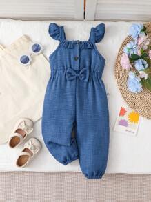 Body di jeans effetto blu con balze e fiocchi decorativi per neonata, adatto per l'uso quotidiano e lo stile elegante da vacanza