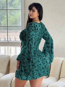 Flirla Plus Size Elegant Floral Flocked & Mesh Bell Sleeve Tie Waist Dress