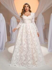 Glamrae Plus Size Elegant Romantic Sweetheart Neck Long Sleeve See-Through Mermaid Hem Wedding Dress For Bride - White - View 2