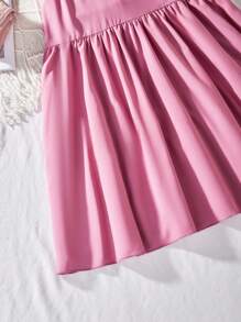 少女纯色荷叶边下摆优雅连衣裙，适合假日、夏季和旅行 - 粉色 - 查看 6